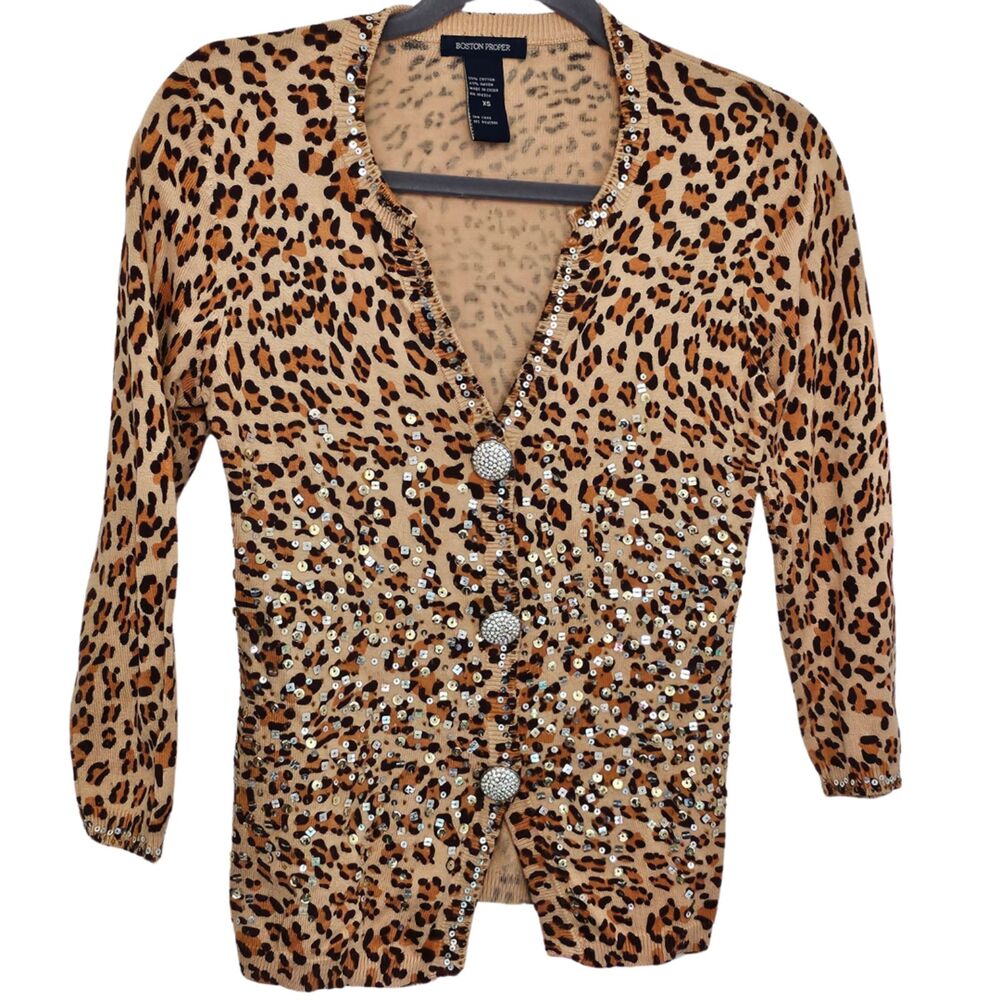Boston Proper Leopard Cheetah Cardigan Sparkly Sequin Bling Rhinestone Button